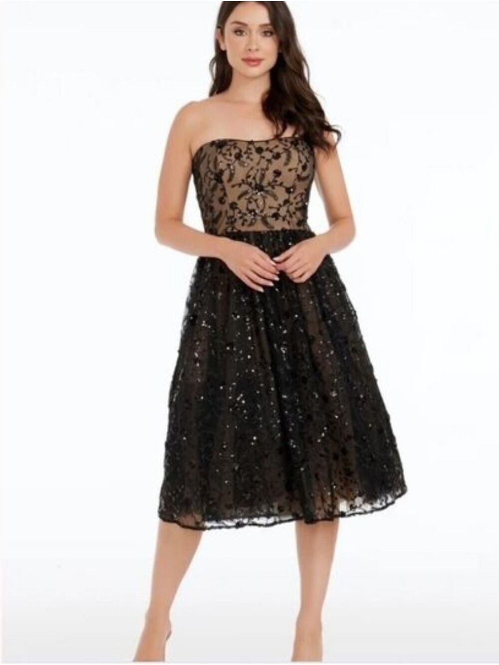 DRESS THE POPULATION ELISE EMBROIDERED SEQUINED TULLE FIT AND FLARE DRESS NWT M